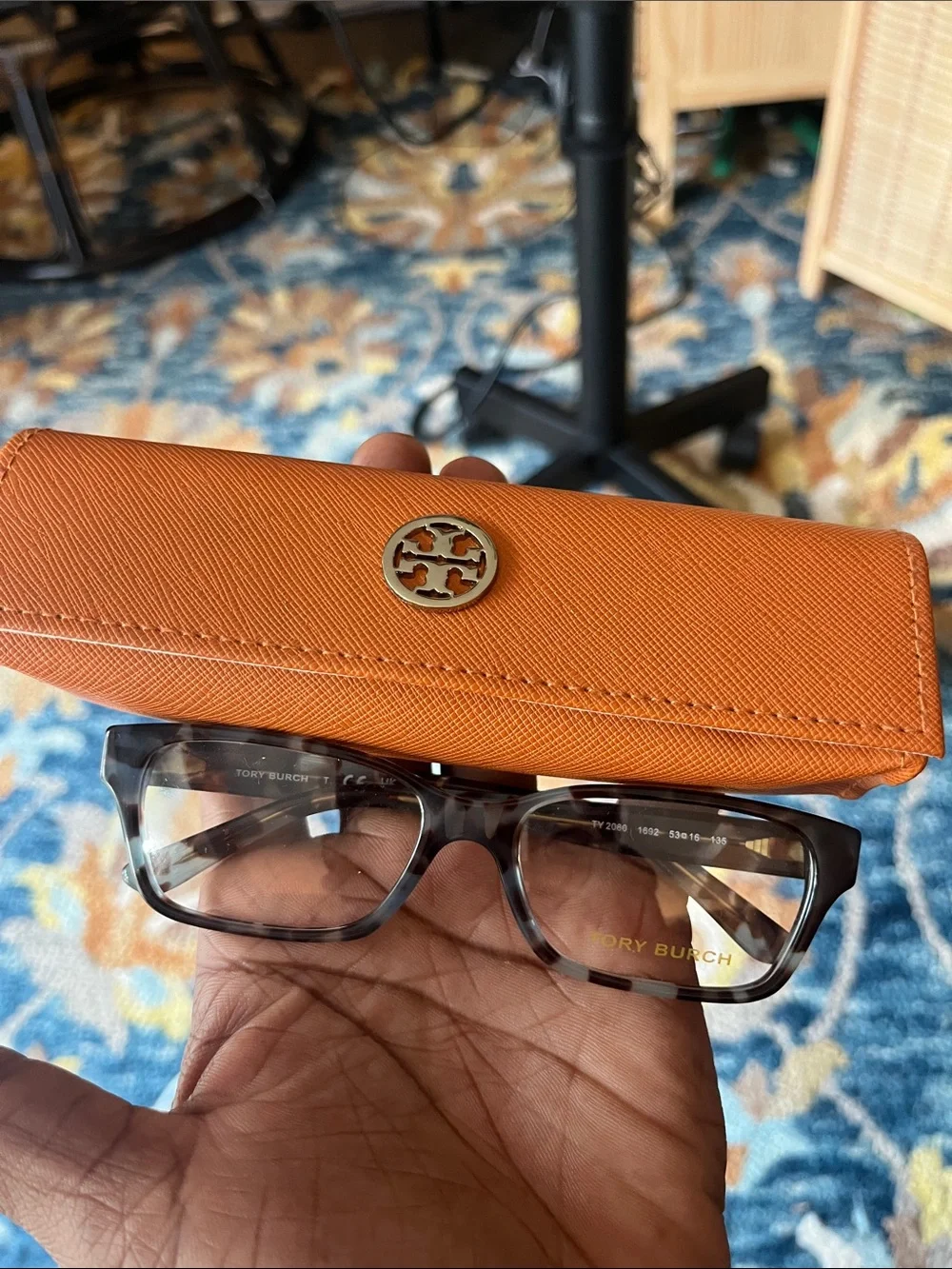 Tory Burch Orange Saffiano Logo Eyeglass Case with Tortoiseshell Glasses